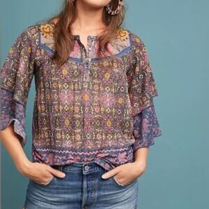 Anthropologie Postmark Ciutadella Floral Boho Peasant Blouse Size XS